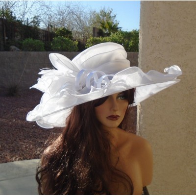 White kentucky derby bride formal dress fancy wedding hat wide brim feathers  eb-52578544